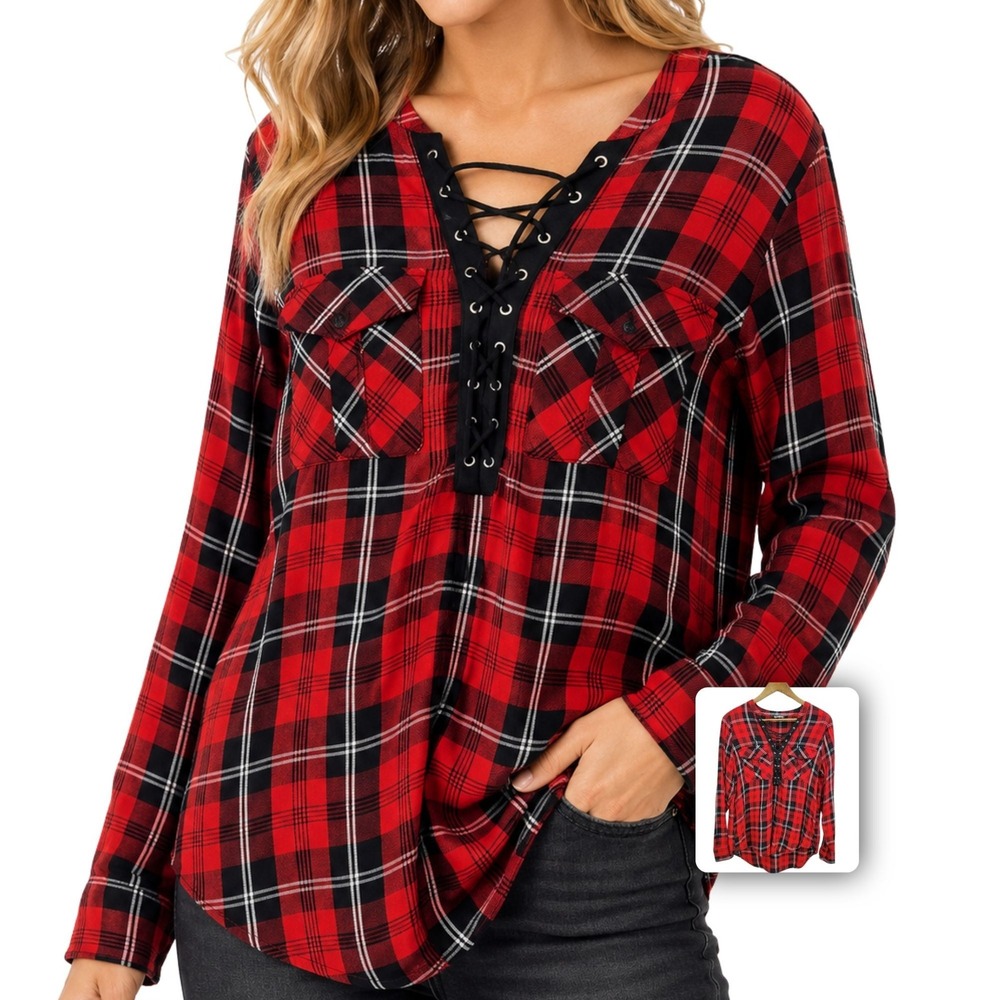 Express‎ Red Black Plaid Lace Up Top Long Sleeve Grunge Punk Size M
